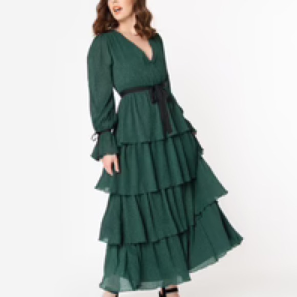 Just Me Emerald Green and Polka Dot tiered Maxi Dress NWOT - Picture 2 of 11